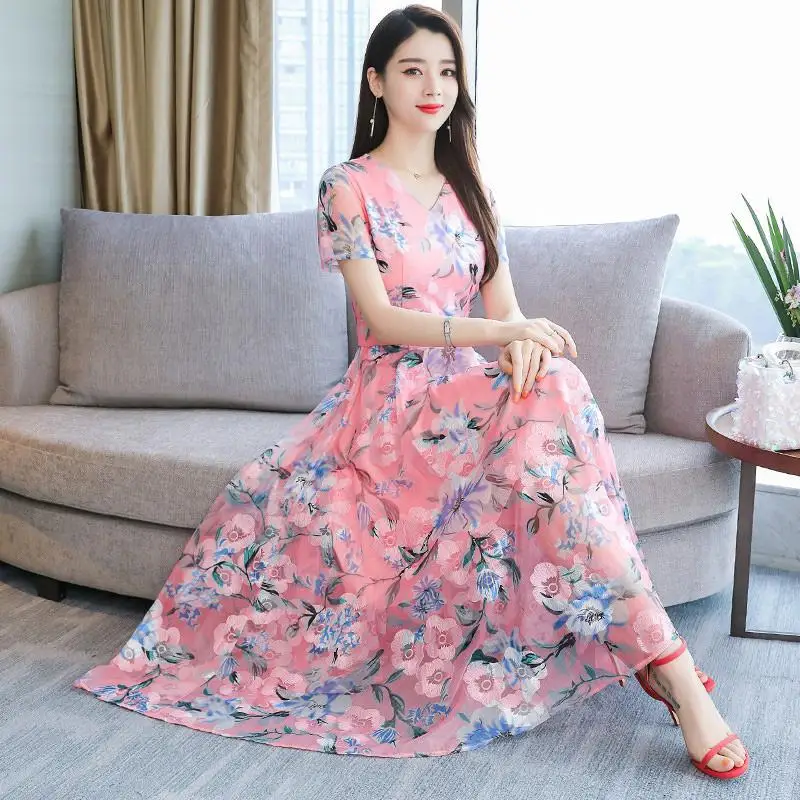Yfashion женское летнее повседневное длинное платье с коротким рукавом и цветочным