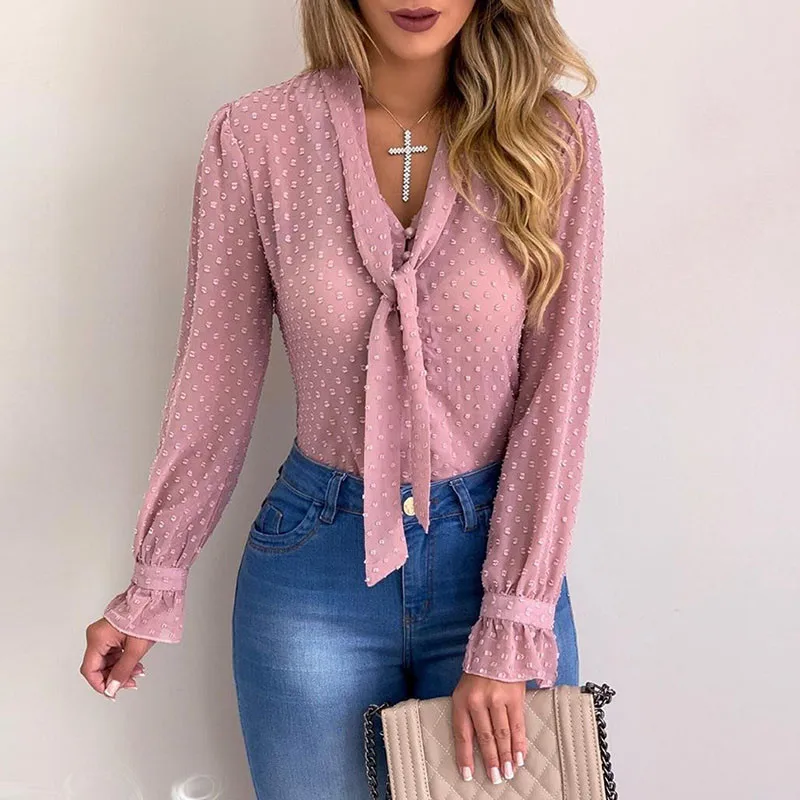 Chiffon Blouse Long Sleeve Sexy Transparent Office Ladies Tops Bowtie V Neck Shirt Women Button Blouses Woman 2019 Blusas Femme |