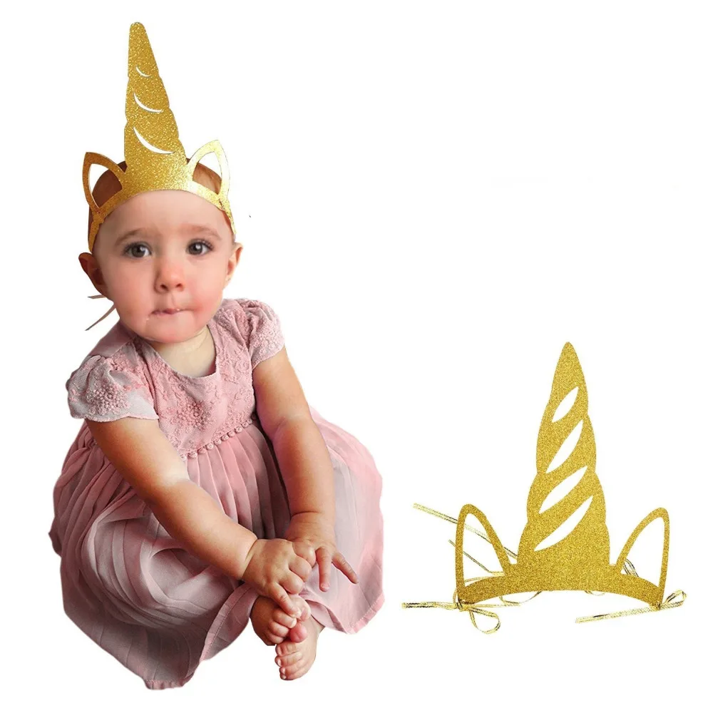 12pcs/set Unicorn Party Horn Hats Glitter Gold Headband Supplies as Props for Kids Birthday Baby Shower |