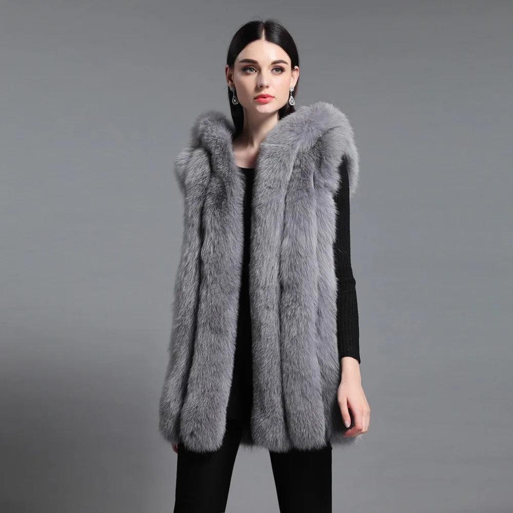 Fur Story натуральный Лисий мех жилет с капюшоном 16278 Женская натуральным лисьим