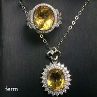 kjjeaxcmy exquisite jewelry 925 pure silver inlaid natural citrine yellow crystal lady jewelry set ring pendant 2 pieces