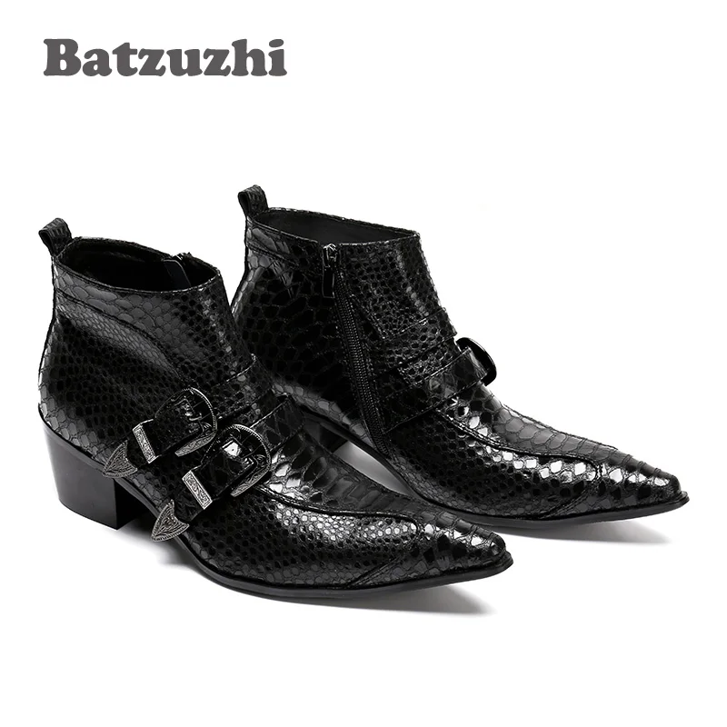 Batzuzhi/100% брендовые новые черные мужские ботинки с острым носком осенние кожаные