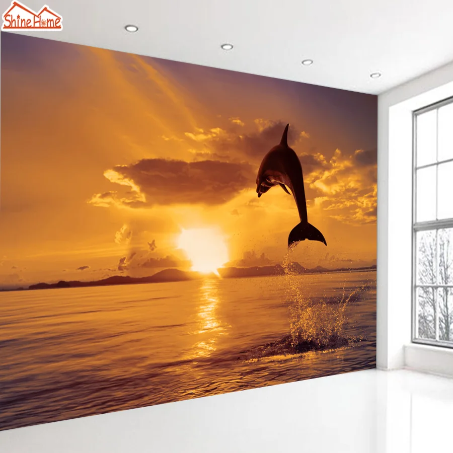 ShineHome Dolphin Jumping Sea Sunset Dusk Animal обои фрески рулоны для 3d стен 3 d гостиной обои|wallpaper