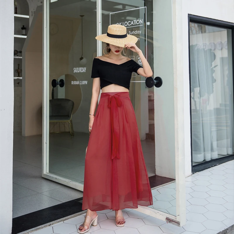 

Women Bowknot High Waisted Bohemian Pants Summer Spring Elegant Ladies Falling Chiffon Wide Leg Trousers Culottes Pants palazzo