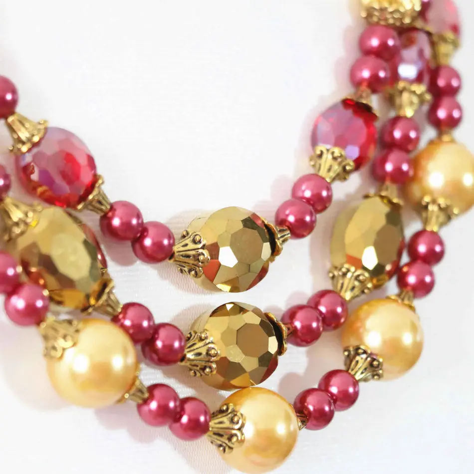 Charms rose red gold-color shell simulated-pearl round beads oval crystal newly earrings 3rows necklace jewelry set 18-22&quotB1001 |