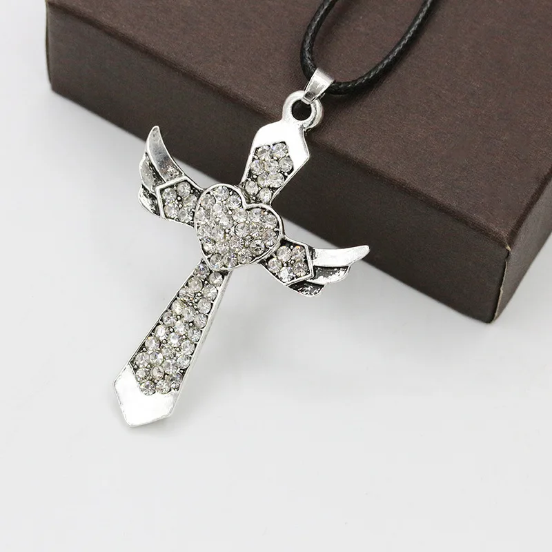 Корейская Мода Любовь Крест Ожерелье ангельские крылья кожаные веревки цепи