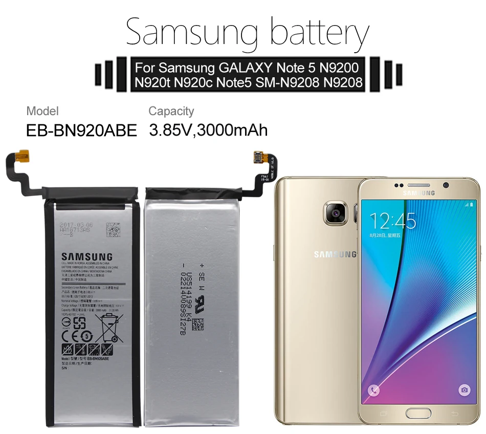 Samsung телефон Батарея EB-BN920ABE 3000 мА-ч для samsung Galaxy Note 5 N920 N920A N920T N920I N920G N920V N9200 N9208