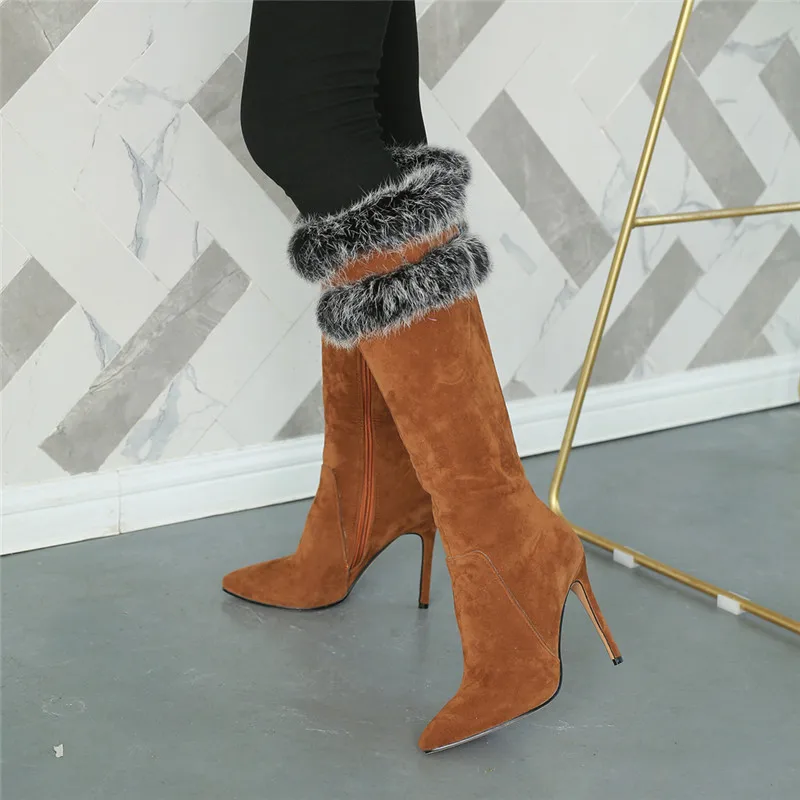 

MoonMeek plus size 34-46 knee high boots pointed toe stiletto heels winter keep warm snow boots zip faux fur ladies shoes