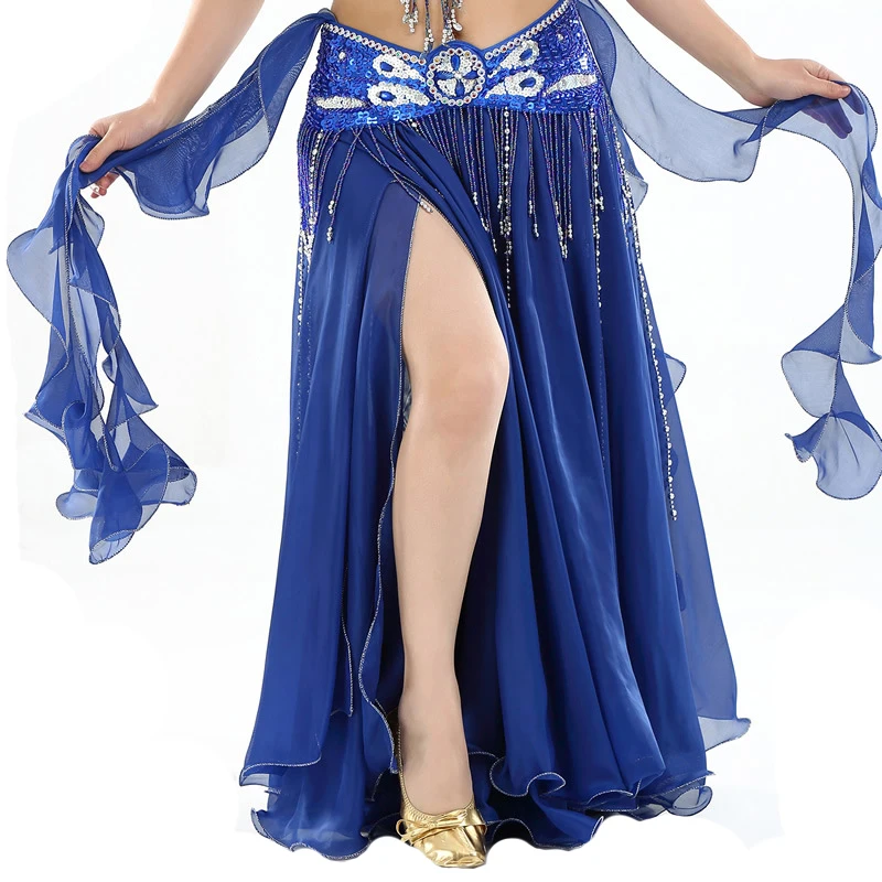 Blue Для женщин живота Танцы Разделение юбка пикантные Профессиональный Bellydance тренировочная одежда макси длинные локоны плиссированная юбка леди 2 Слои Танцы костюмы - Цвет: Blue