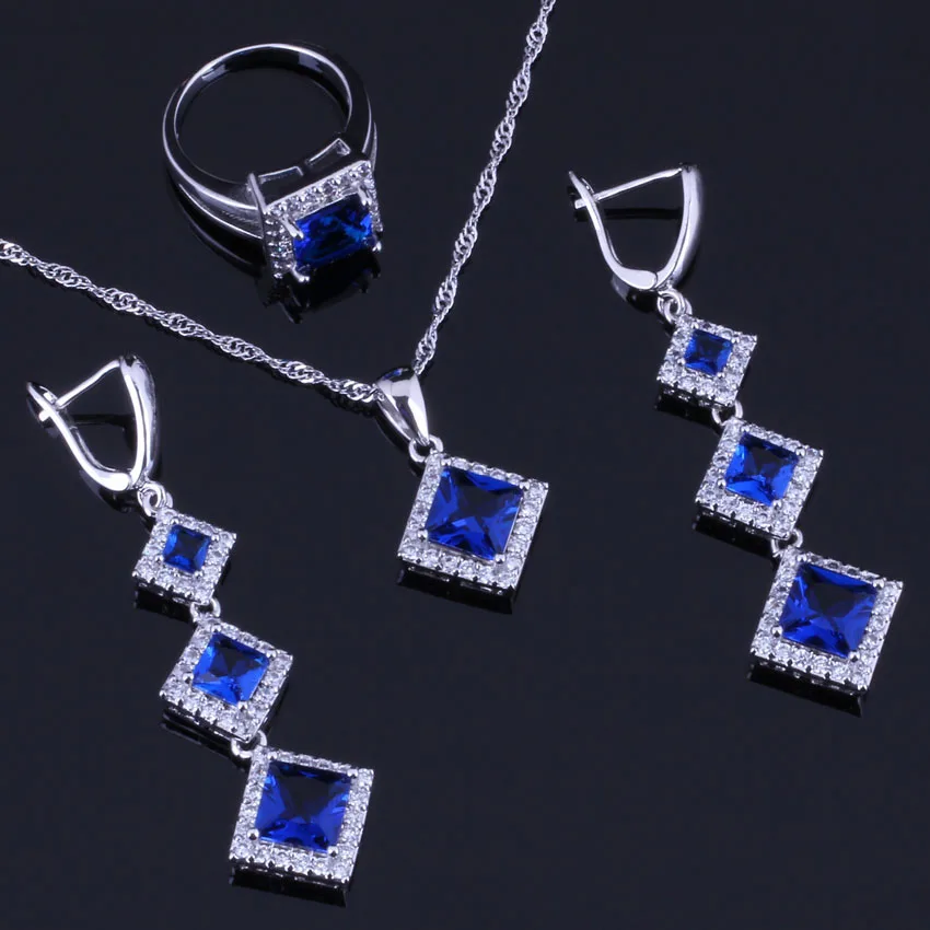 

Sublime Square Blue Cubic Zirconia White CZ Silver Plated Jewelry Sets Earrings Pendant Chain Ring V0260