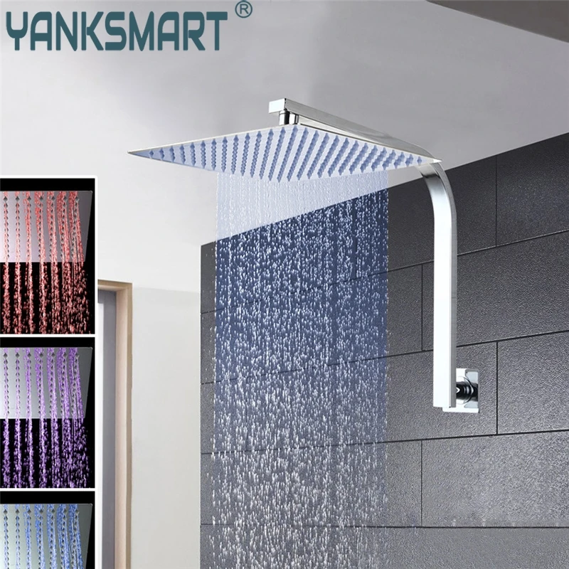 

YANKSMART Shower 3 Colors LED Luxury Square Rain 8" Shower Head Wall Mounted Shower-set Rainfall Shower Set