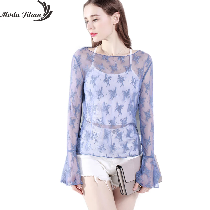 Женская кружевная рубашка Moda Jihan фиолетовая прозрачная Базовая Блузка с