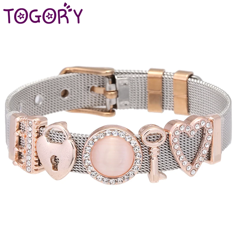 TOGORY Couple Jewelry Crystal Charms Mesh Keeper Bracelets Key &amp Lock Beads Fine for Women Bride Wedding | Украшения и