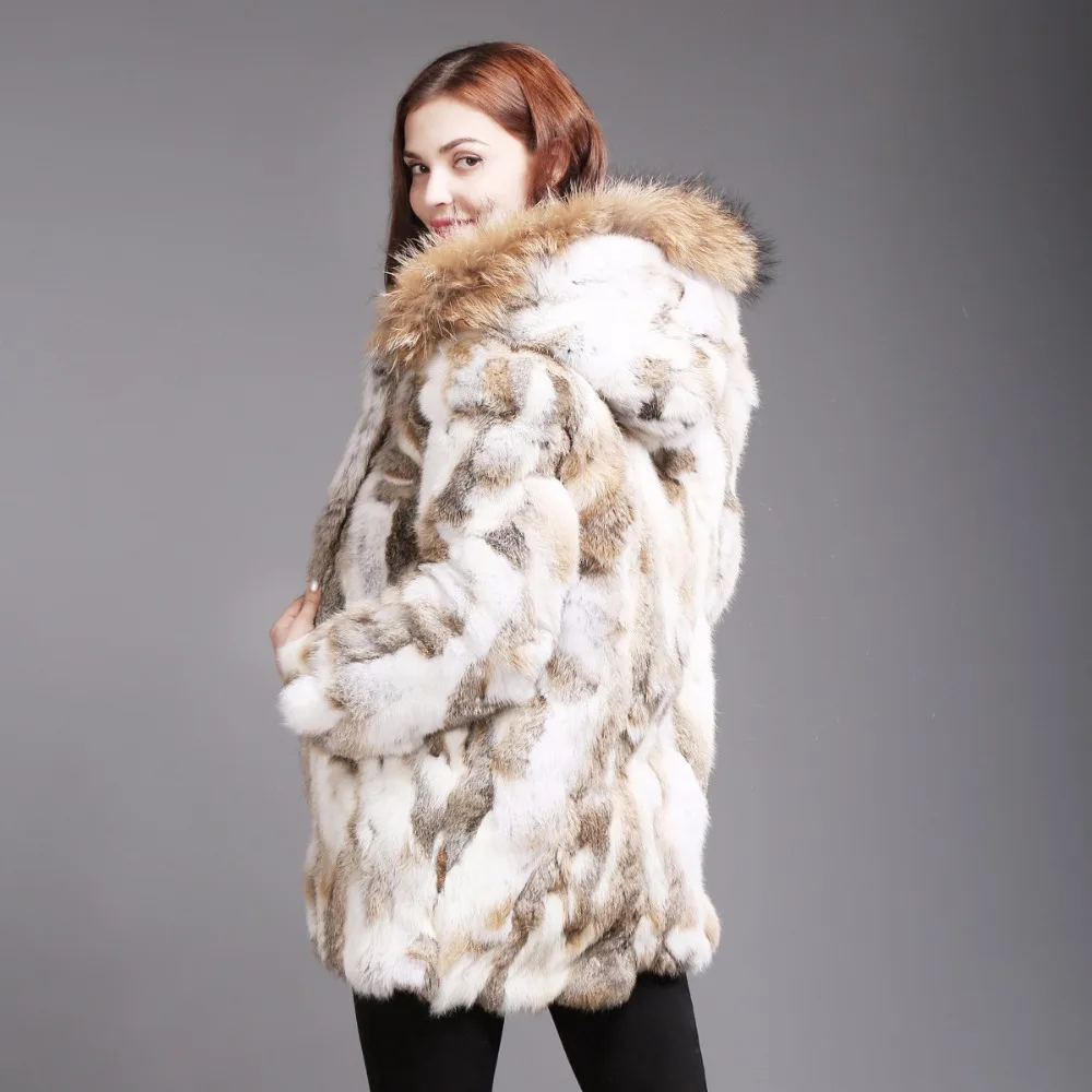 2021 New Women Real Rabbit Fur Coat Winter Warm Long Jacket Raccoon Collar Hooded Sleeve Clothes | Женская одежда