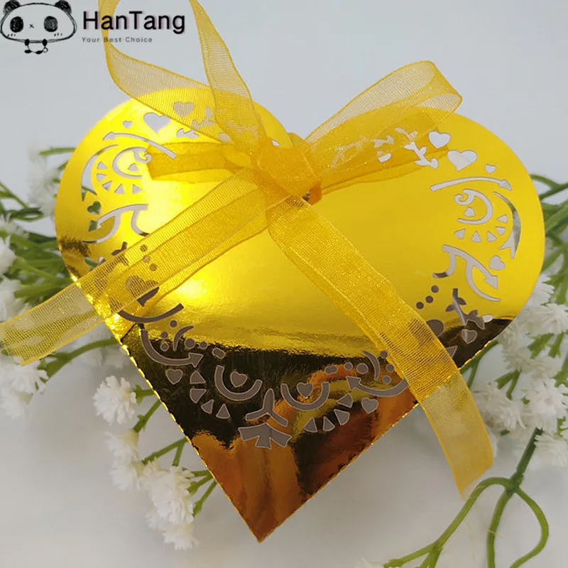 Bright Golden 10/50 шт в форме сердца коробочки для Драже свадьба, сладости конфеты подарок за Коробки с лентой украшения стола коробка шоколада 5z - Цвет: Bright Golden
