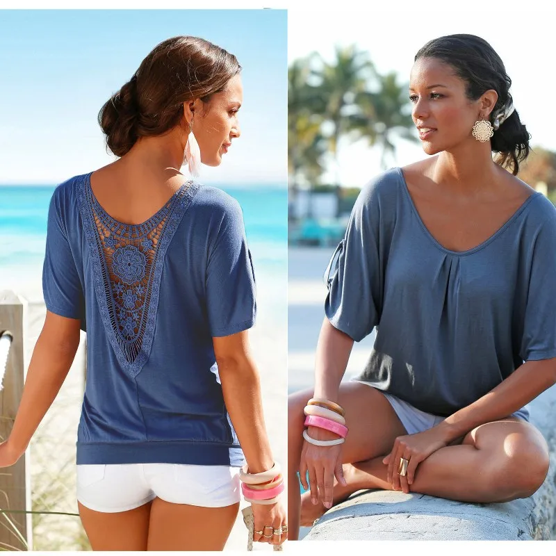 Женская Винтажная футболка с кружевом летняя повседневная черная 0 образным