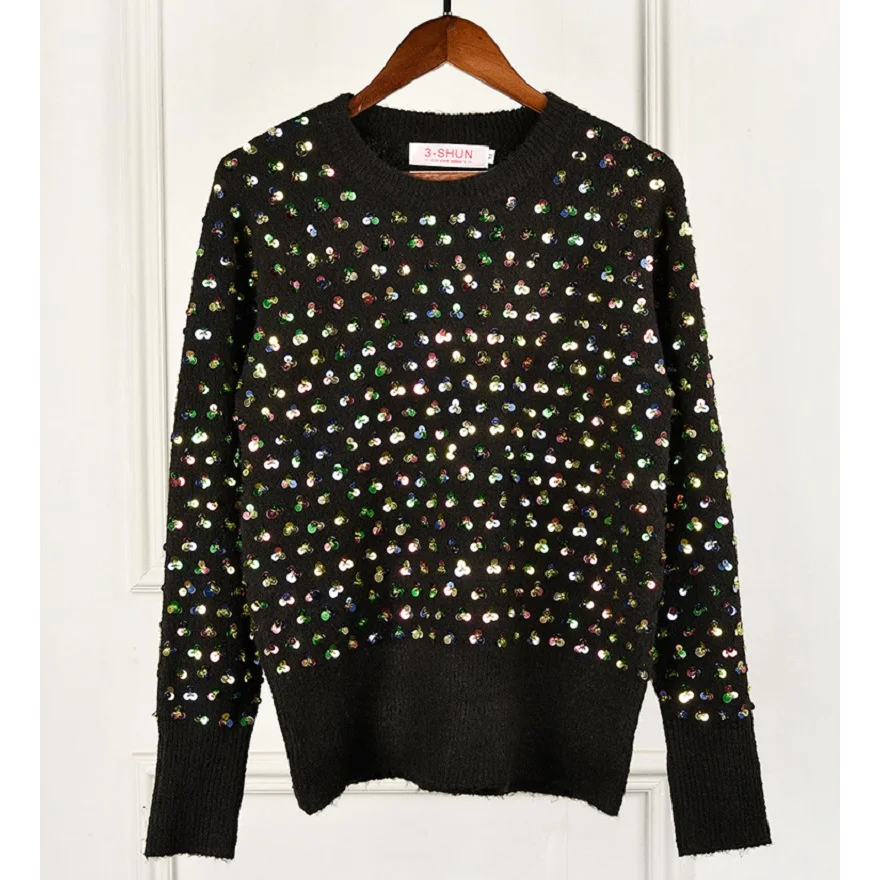 Runway 2020 Black Knitted Sweaters Pullovers Autumn Winter Long Sleeve Color Floral Sequins Luxury Jumper Lady Pull Clothing | Женская