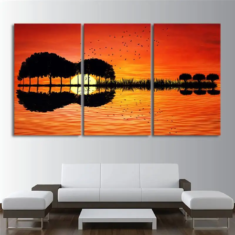 3 предмета Холст Wall Art Hd с гитары дерево Озеро Закат живопись на холсте Декор