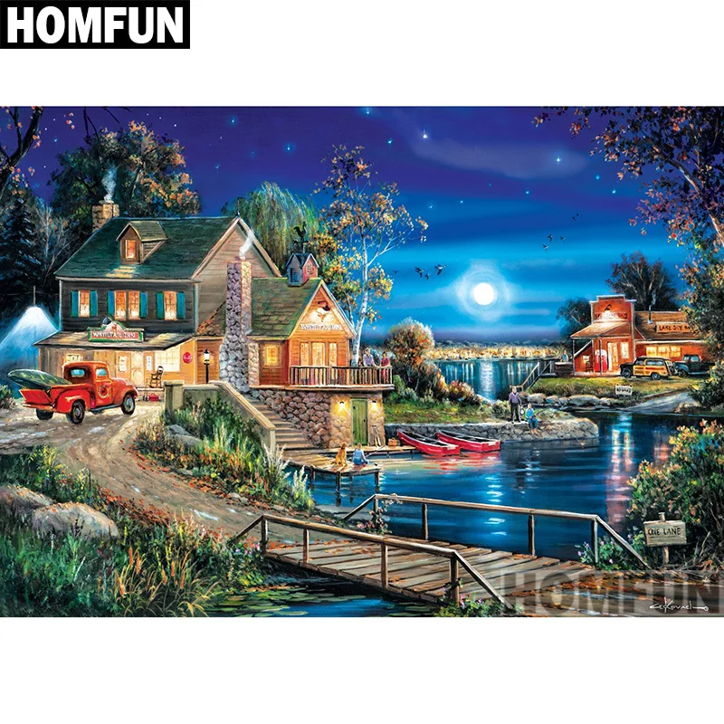 Алмазная 5D картина HOMFUN лунный свет и дом вышивка крестиком полностью