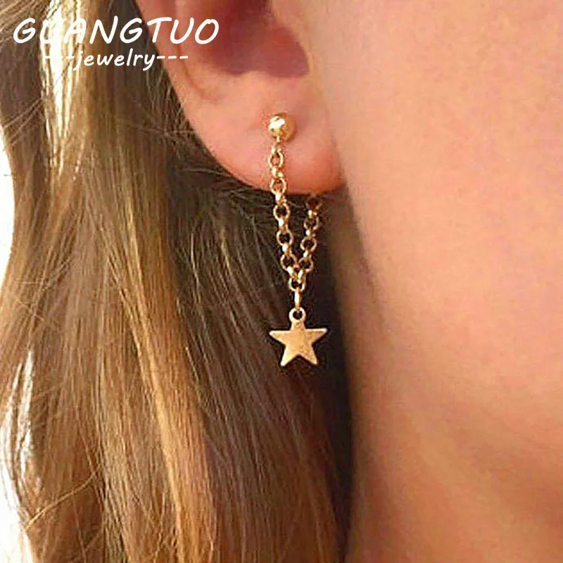 

Fashion Simple Personality Pentagram Star Back Hanging Drop Earrings Korean Metal Chain Dangle Brincos Women's Jewelry