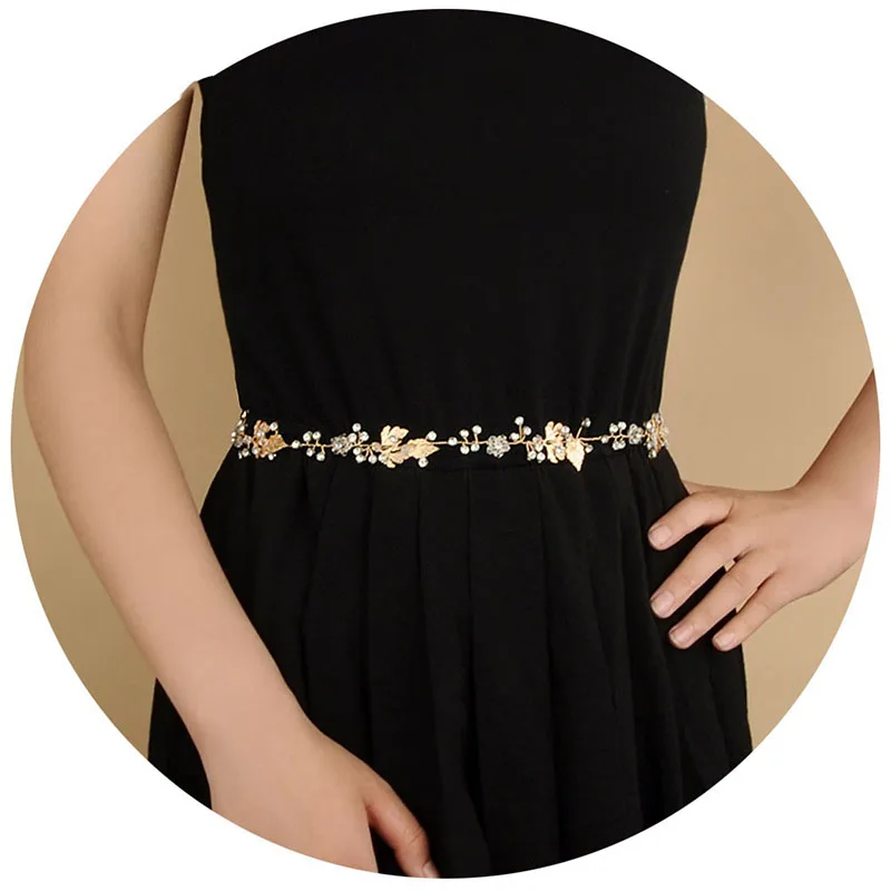 Свадебные платья аксессуары лента с аппликациями пояс с золотыми листьями стразы и жемчуг для невесты женские платья с поясом Soiree Вечерние - Цвет: Золотой