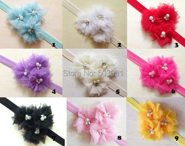 NEW 60pcs/lot 3XTull Mesh pearl flower Infant Baby Headbands Newborn Girls Hair Bands bows photograph props accessory |