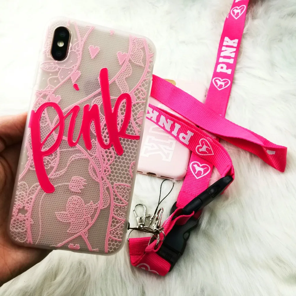 Роскошный кружевной розовый мягкий чехол Solicon с ремешком для iphone 6 S 7 7plus 8 8plus X 10 XR XS