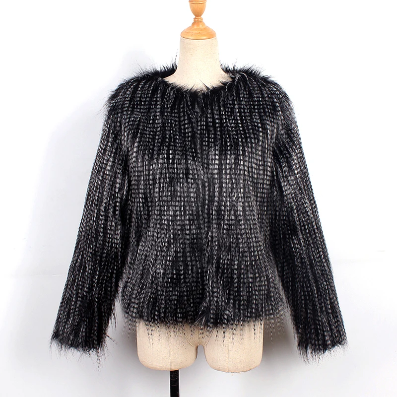 

Black White Faux Fur Coat Women Winter Warm Short Style Hairy Jackets Elegant Casual Long Sleeve O-neck Outerwear Coat 6Q1271