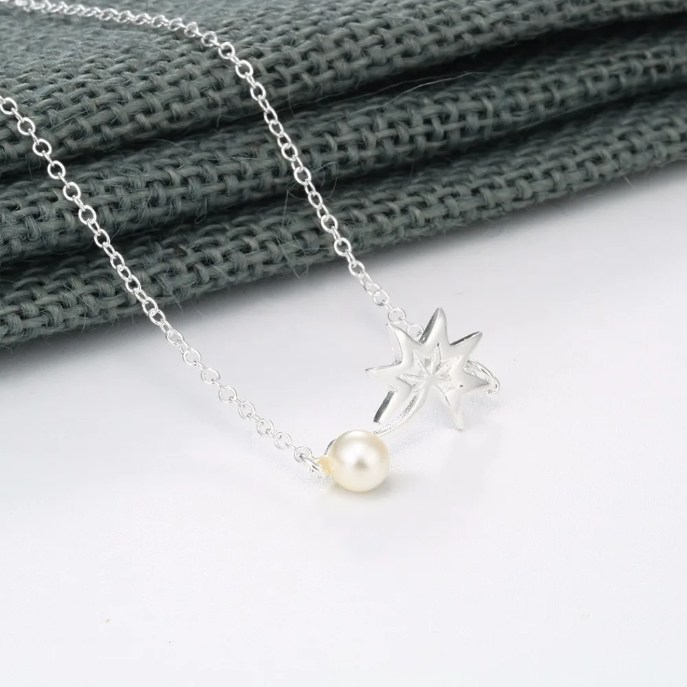 Kinitial 925 Silver Leaf Imitation Pearl Necklaces Pendants Leaves Star Necklace Statement for Women Chain Jewelry | Украшения и