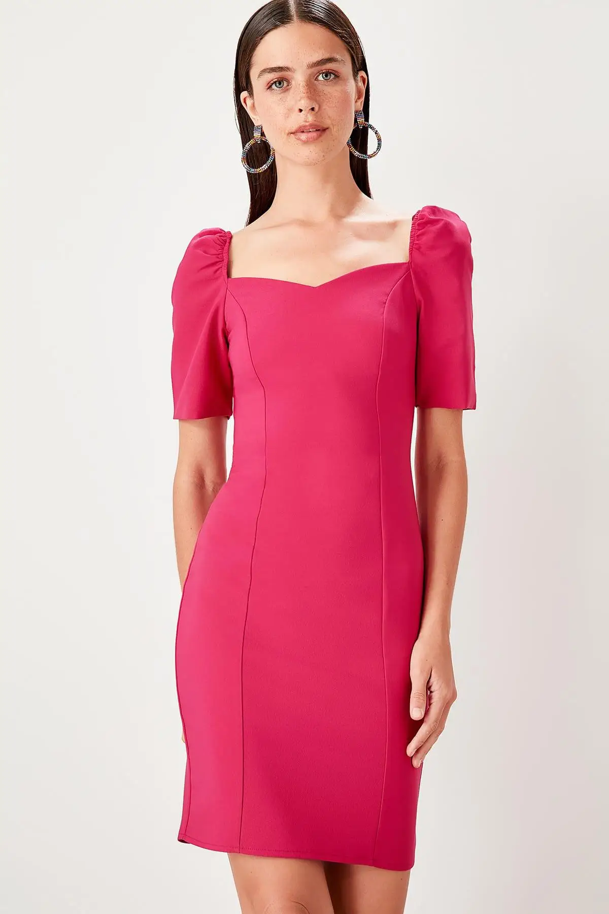 Trendyol фуксия Пузырьковые рукава платье TWOSS19EL0255|Женские платья| |