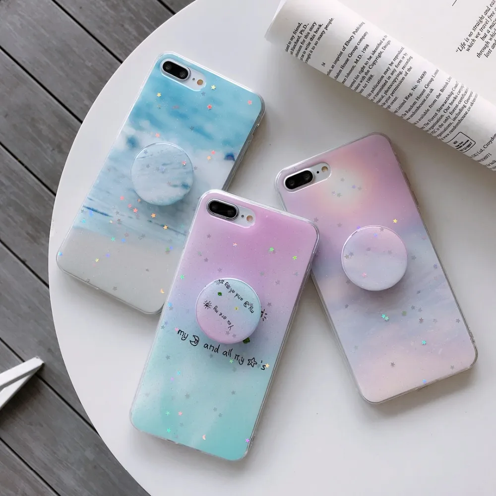 Zxtrby Simple Sea Beach Glitter Soft Phone Case With Holder for iPhoneX XS XR XSMax 6s 7 8Plus Back Cover Coque |