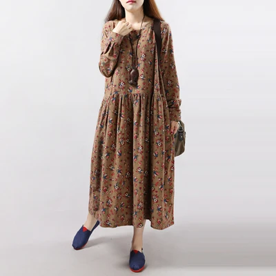 

Женское винтажное платье до середины икры с цветочным принтом, свободное Повседневное платье с длинным рукавом и круглым вырезом, большие р...