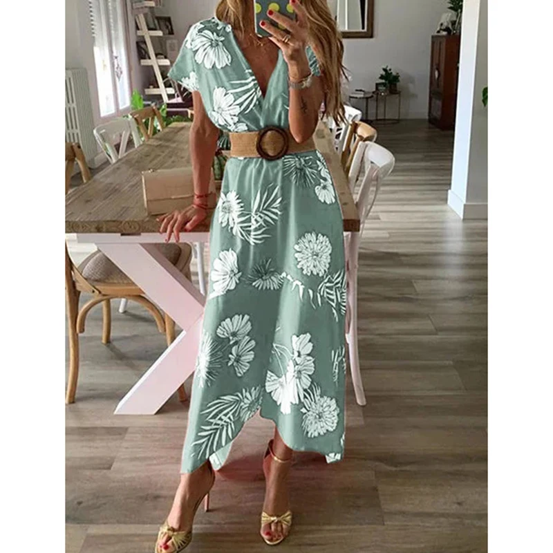 

Floral Print Long Dress Women Big Hem Deep V neck Short Sleeve Belt Dress Ladies Summer Boho Maxi Dress