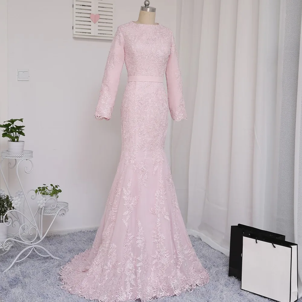 Мусульманские Вечерние платья русалки одежда с длинным рукавом розового цвета