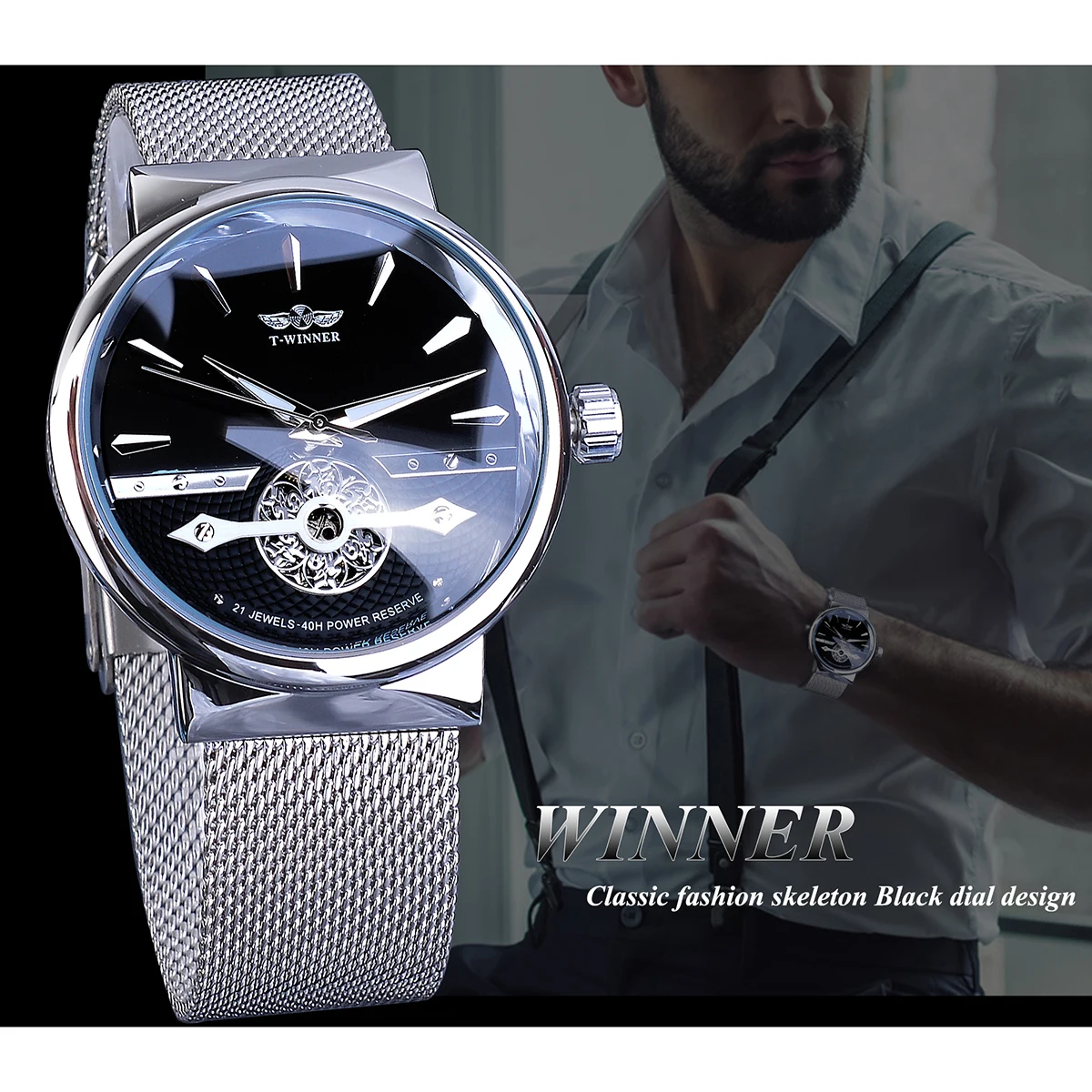 Часы Winner мужские модные механические деловые тонкие черные автоматические