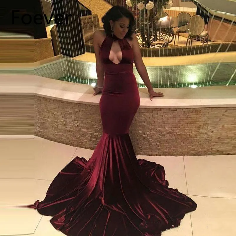 

2019 African Burgundy Velvet Mermaid Vintage Prom Dresses Sexy Keyhole Neck Hollow Out Evening Dresses With Long Sweep Train