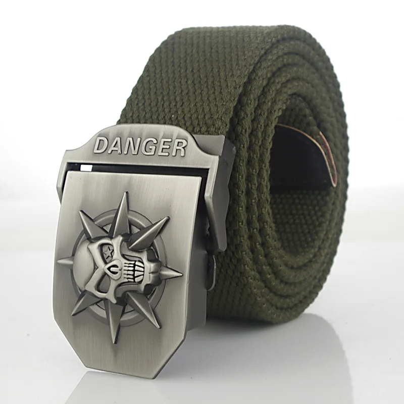 Deep Army Green Мужской ремень с автоматической пряжкой и черепом из сплава, мужской ремень для подростка, роскошный тканевый ремень в полоску, мужские ремни 150, 160 см - Цвет: Deep Army Green