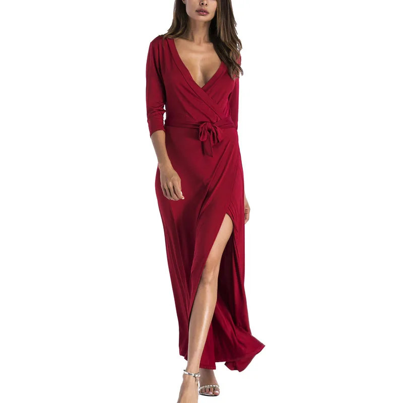 2017 High Split Maxi Dress Solid Sexy Full Sleeve Deep V-Neck Sashes Dresses vestidos | Женская одежда