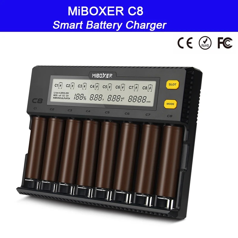 Умное зарядное устройство MiBOXER C8 8 слотов ЖК-дисплей для Li-ion LiFePO4 Ni-MH Ni-Cd AA 21700 20700 26650