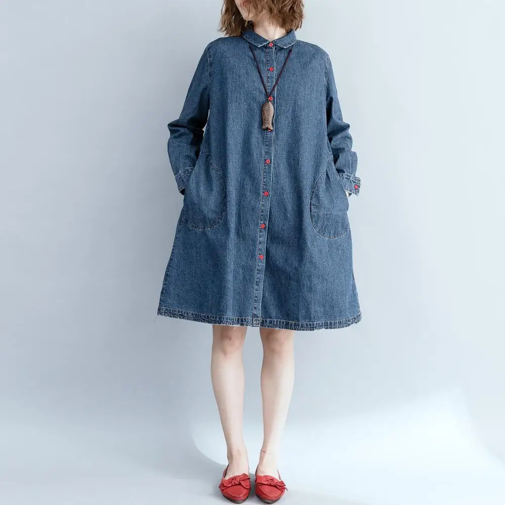 

Johnature 2021 Autumn New Jeans Women Tops And Blouses Large Size Fashion Loose Casual Button Pockets Denim Shirts Tops