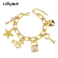 longway gold color ethnic love satr lock key charm bracelet bangle crystal bracelets for women jewelry pulseira sbr160339