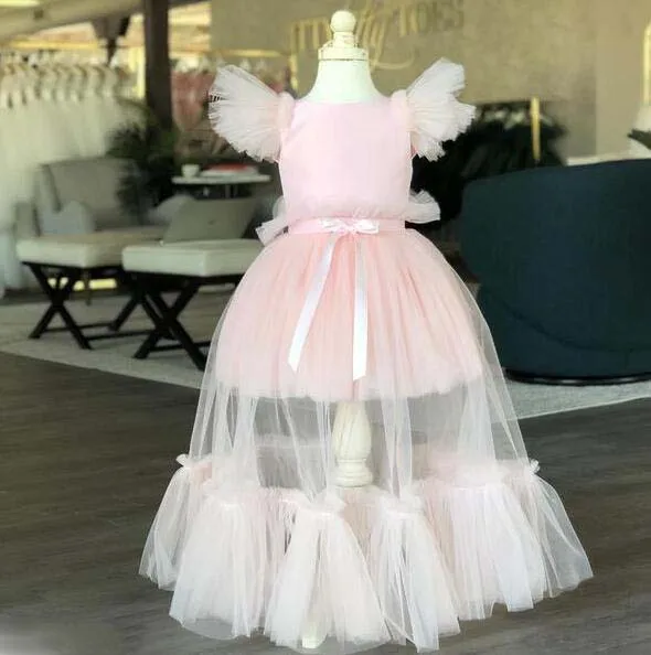 Модное розовое платье с фатиновой юбкой из мягкой вуали; сетчатые Платья с цветочным узором для девочек; блестящее Пышное Платье для малышей; детское платье для дня рождения