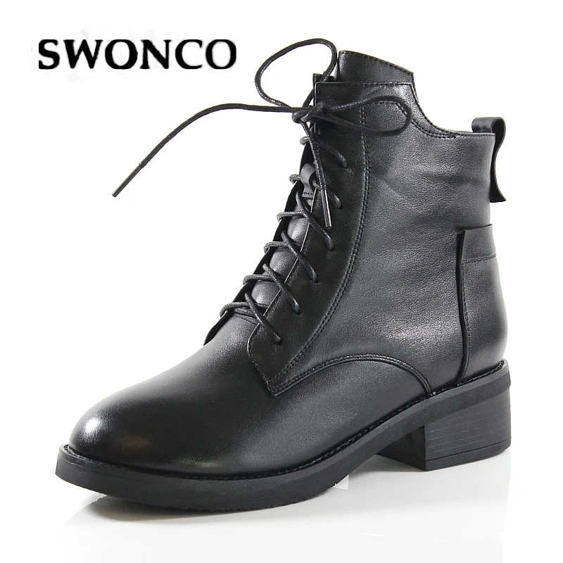 

SWONCO Shoes Woman Block Heel Ankle Boots Genuine Leather 2019 Autumn Platform Boots Martin Shoes Woman 2019 Motorcycle Boot