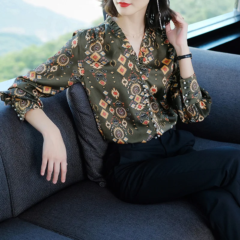Chiffon printing Blouse 2019 Long Sleeve Women Blouses and Tops v-neck elegant Office Shirt Casual Blusas Chemise Femme |