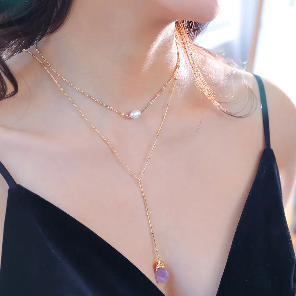 Многослойные натуральный жемчуг Фиолетовый кварц камень капля подвесное