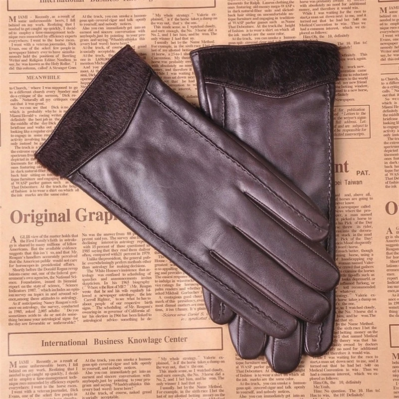 

Genuine Leather NEW 2018 Men Gloves Fashion Wrist Fur Sheepskin Gloves Autumn Winter Thermal Velvet Driving Gloves M031NC-5