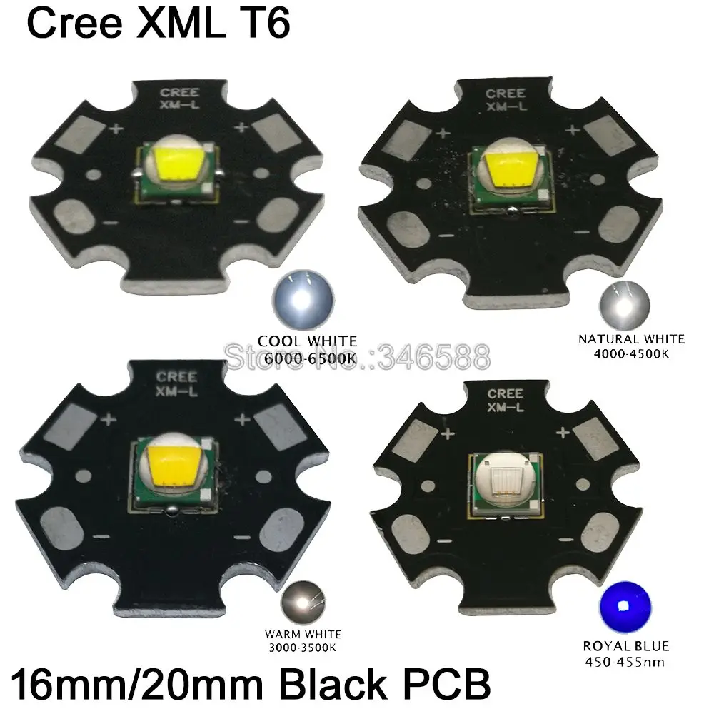 

2x CREE XML XM-L T6 Cool White 6500K Neutral White 4500K Warm White 3000K High Power LED Emitter 16mm 20mm Black Aluminum PCB
