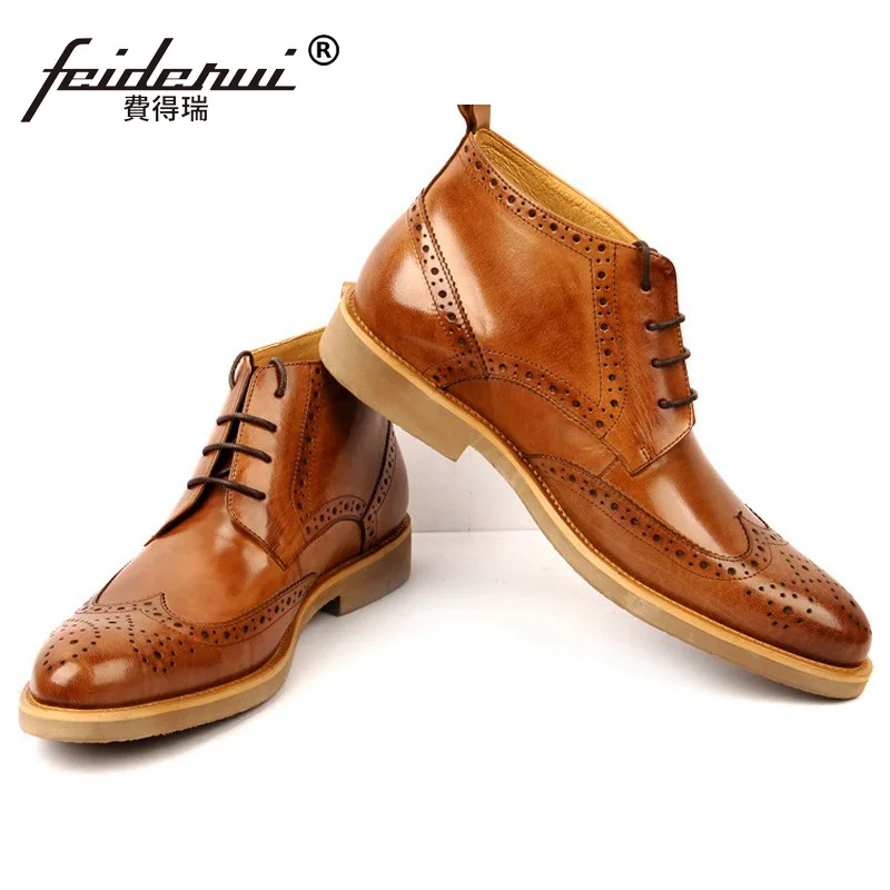 Мужские высокие ботинки-оксфорды коричневые ботильоны из натуральной кожи с