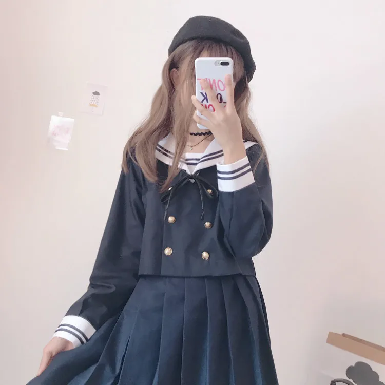 Японские JK наборы школьная форма Kawaii для девочек матросский воротник пальто+ плиссированная юбка комплект из 2 предметов осенние школьные женские костюмы
