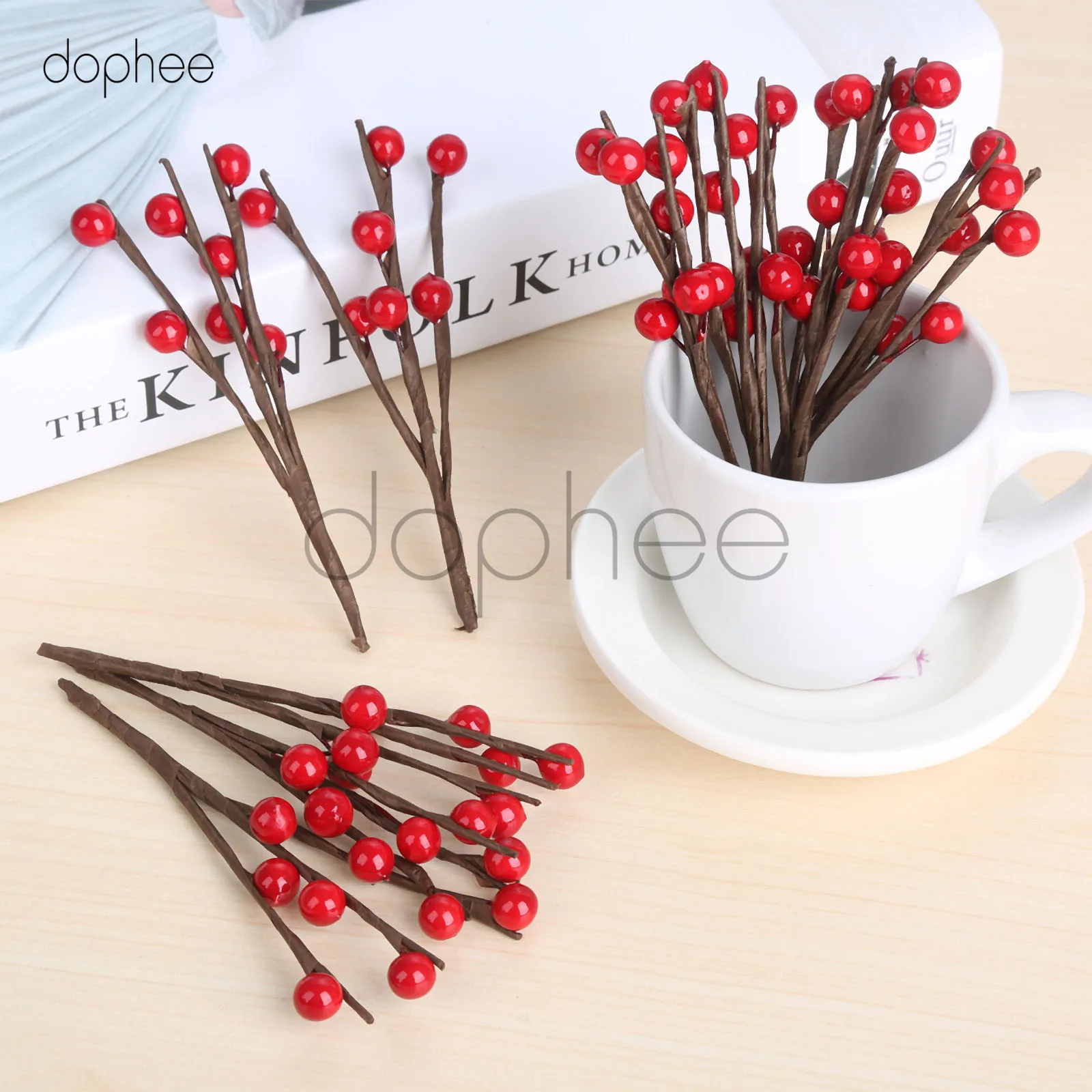 

dophee10pcs 8mm Red Artificial Flower Mini Berry Bacca Bouquet For Wedding DIY Scrapbooking Decorative Wreath Fake Flowers